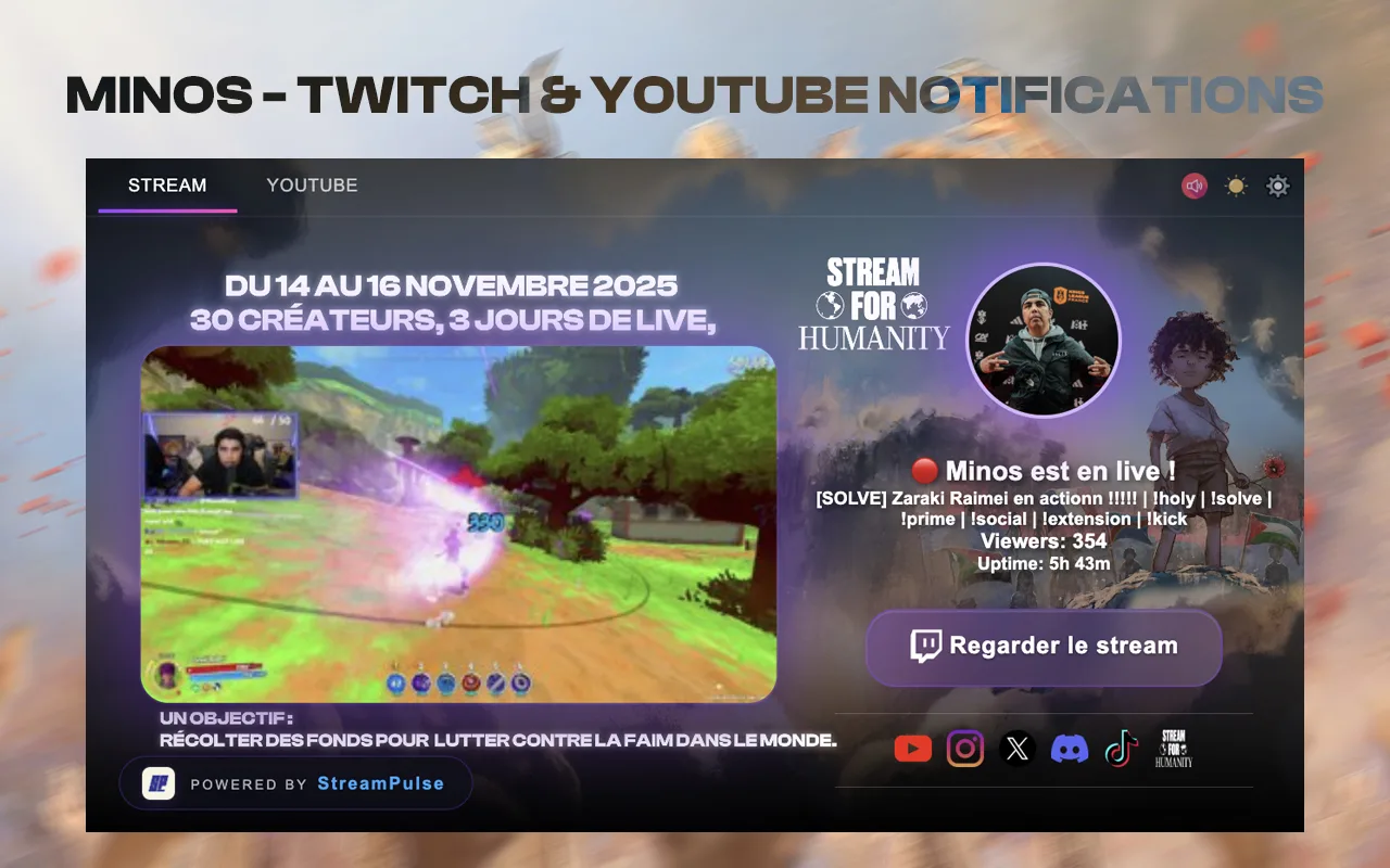 Minos · extension Twitch & YouTube notifications, powered by StreamPulse