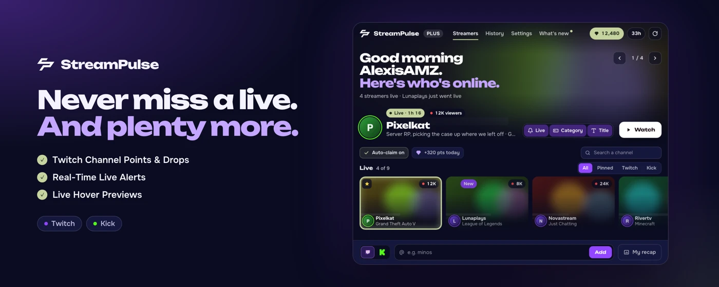 StreamPulse: live alerts, auto channel points & Drops on Twitch and Kick